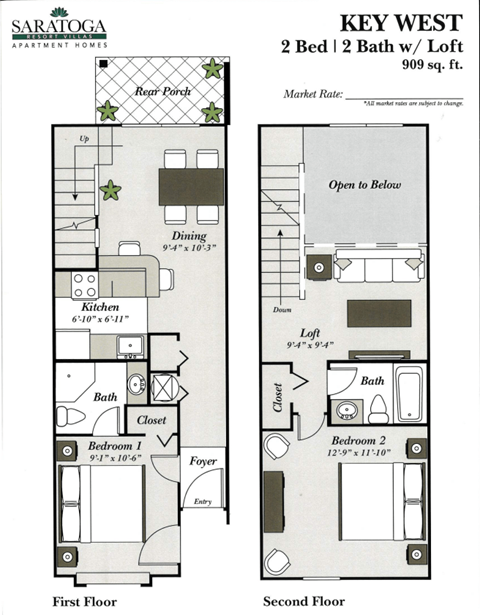 floor plans for two bedroom unit with bathroom and living room floor plan for a home at Saratoga Resort Villa Apartments, Kissimmee, FL, 34746
